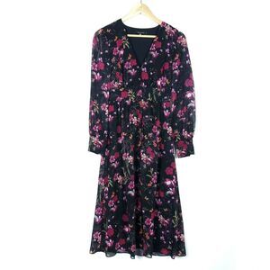 Ted Baker Adriela Fern Forest Midi Dress 0 Black Pink Floral Deep Button Up Long